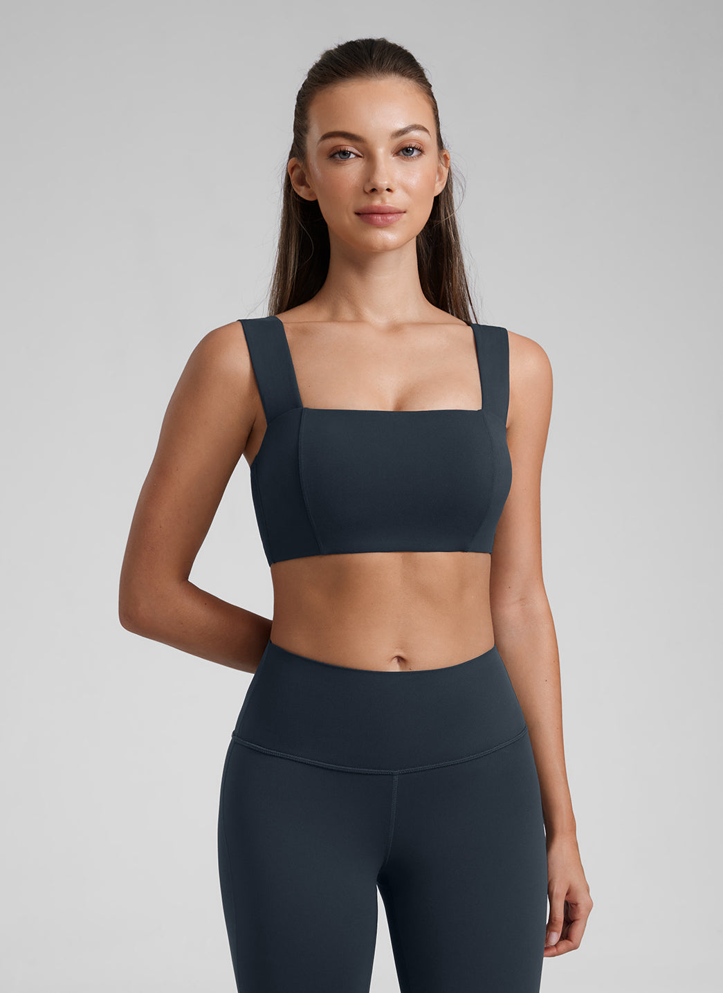 CRZ YOGA Butterluxe 여성용 스퀘어 넥 오픈 백 와이드 스트랩 스포츠 브라 트루 네이비