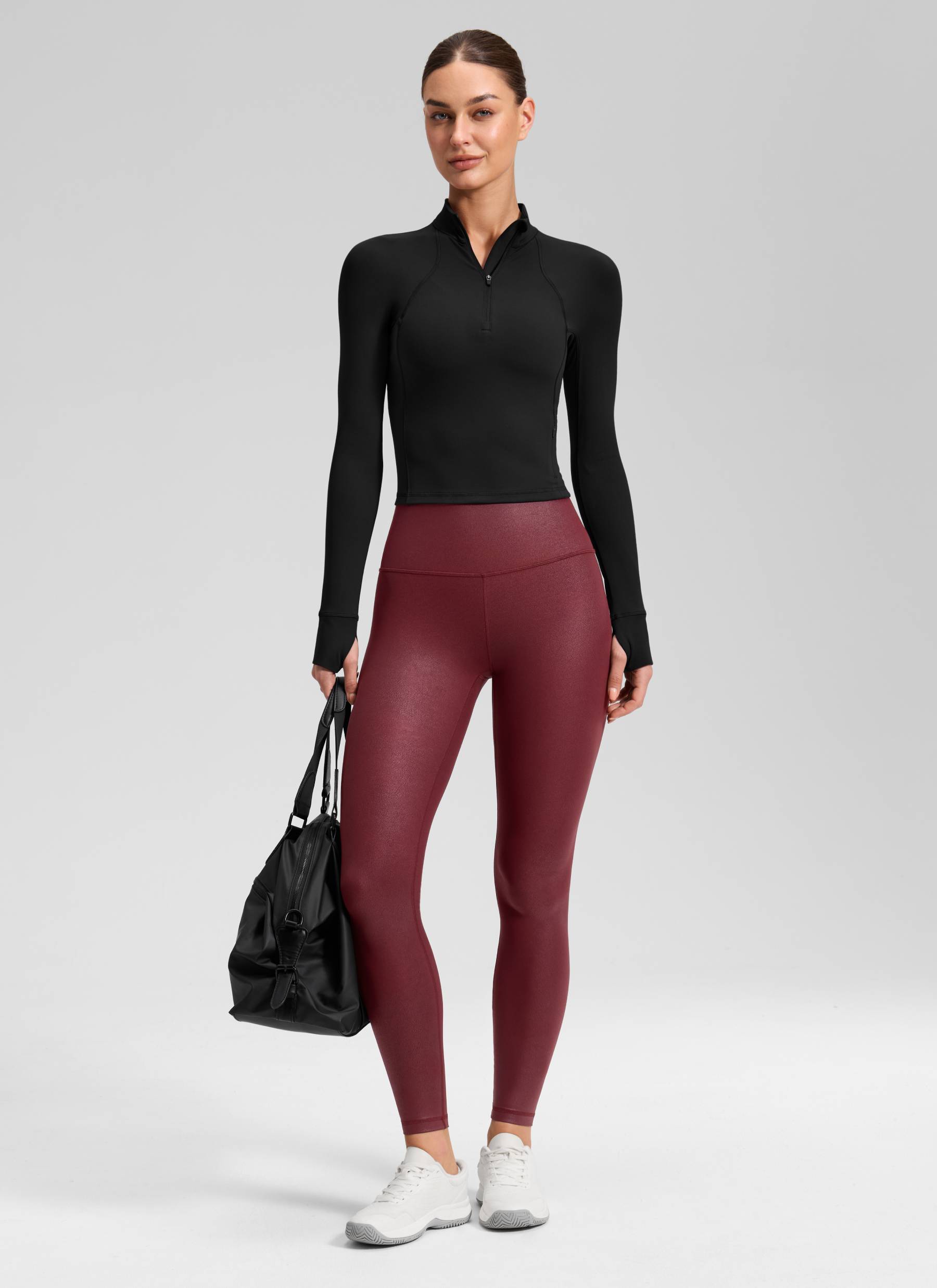 CRZ YOGA 여성 Butterluxe 매트 인조 가죽 레깅스 71cm 레드 메를로 포일 패턴