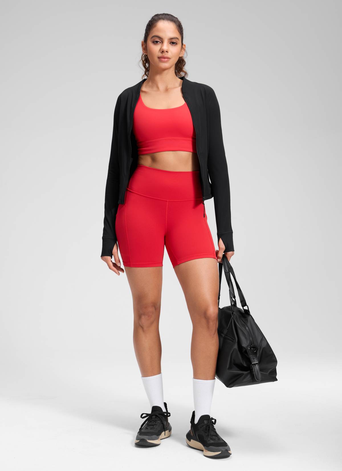 CRZ YOGA Women's Yoga High Rise Biker Butterluxe Pockets Shorts 5'' Aurora Red
