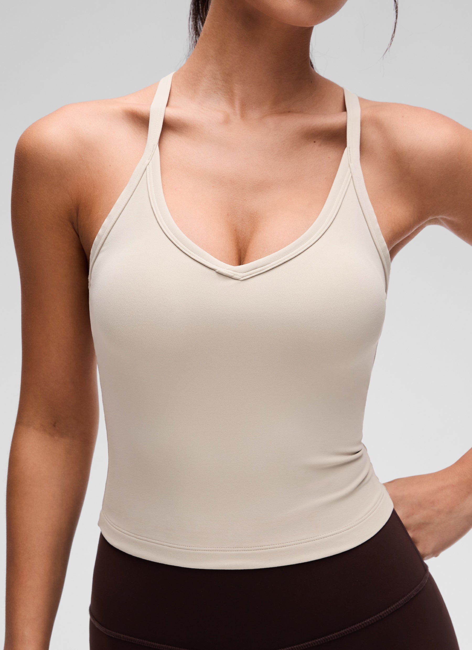CRZ YOGA Women's Butterluxe Soft Double Lined V Neck Racerback Tanks Mojave Tan