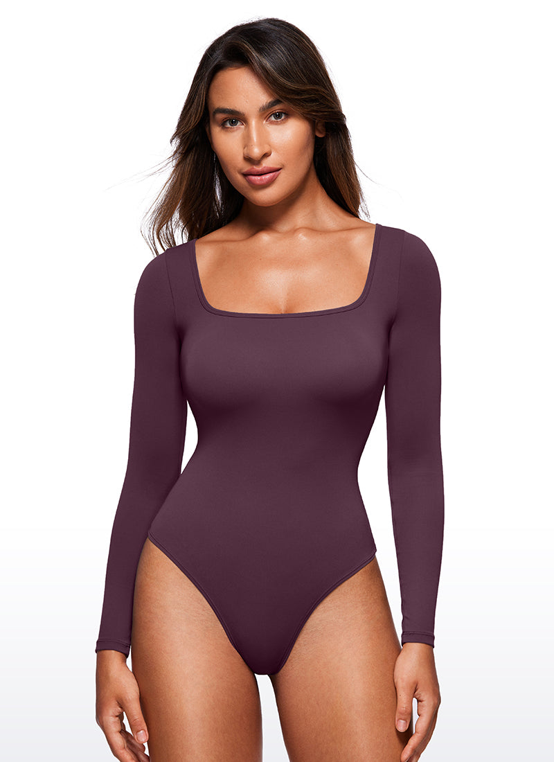CRZ YOGA Women's Yoga Tight Fit Square Neck Long Sleeves Bodysuits Deep Purple