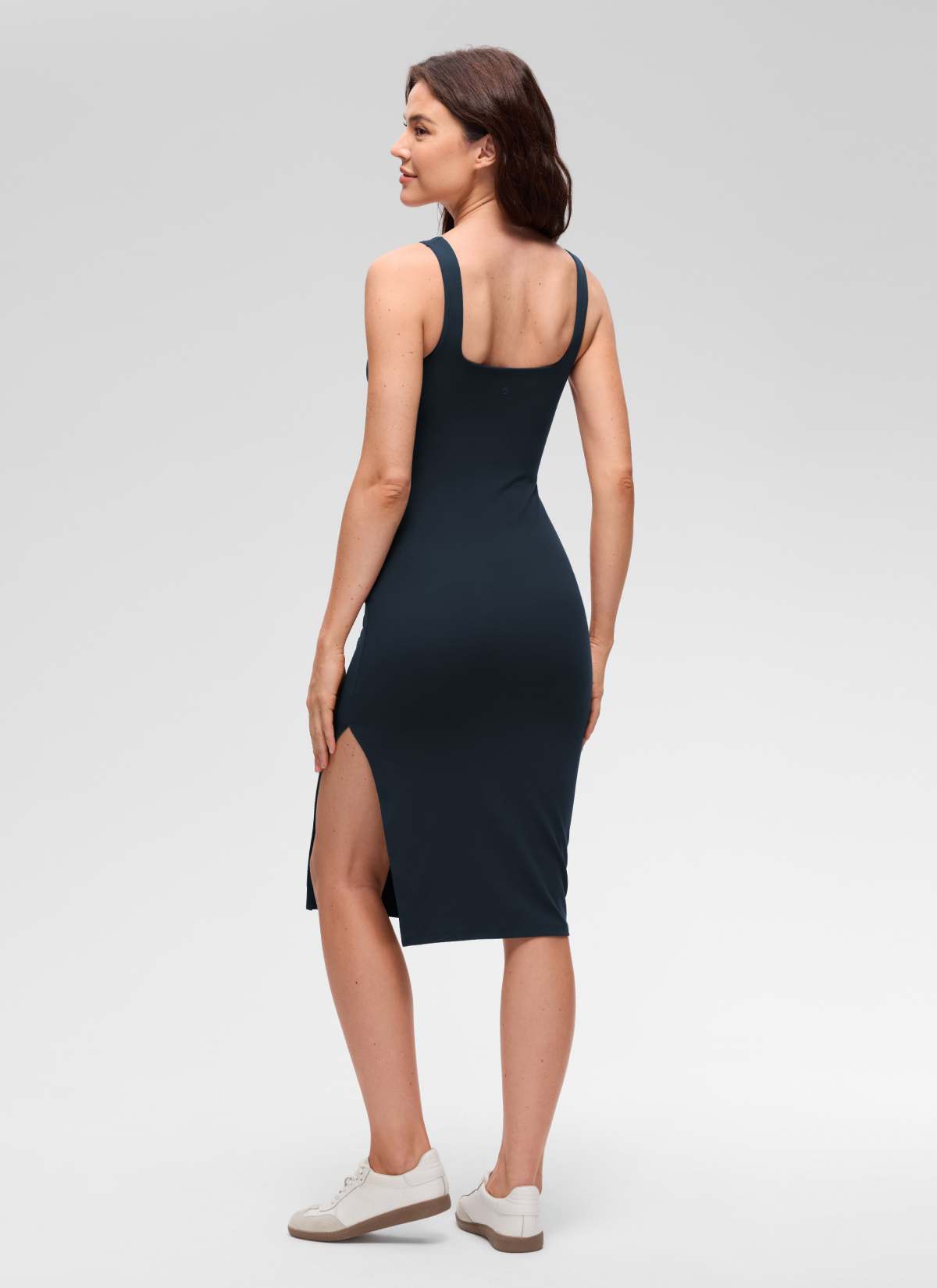 CRZ YOGA 여성용 Butterluxe 캐주얼 스퀘어 넥 사이드 슬릿 미디 드레스 트루 네이비