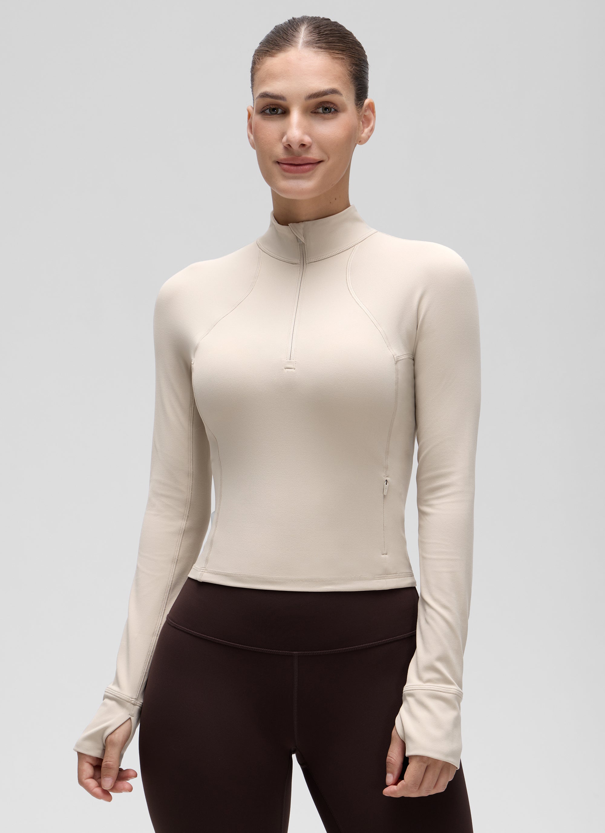 CRZ YOGA Women's Yoga Slim Fit Tops Butterluxe Half-Zip Long Sleeve Mojave Tan